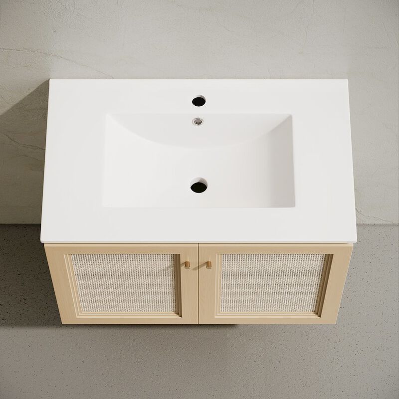 30" Wall-Mounted Bathroom Vanity in Natural Oak, Single Faucet Hole Vanity Top image number 6