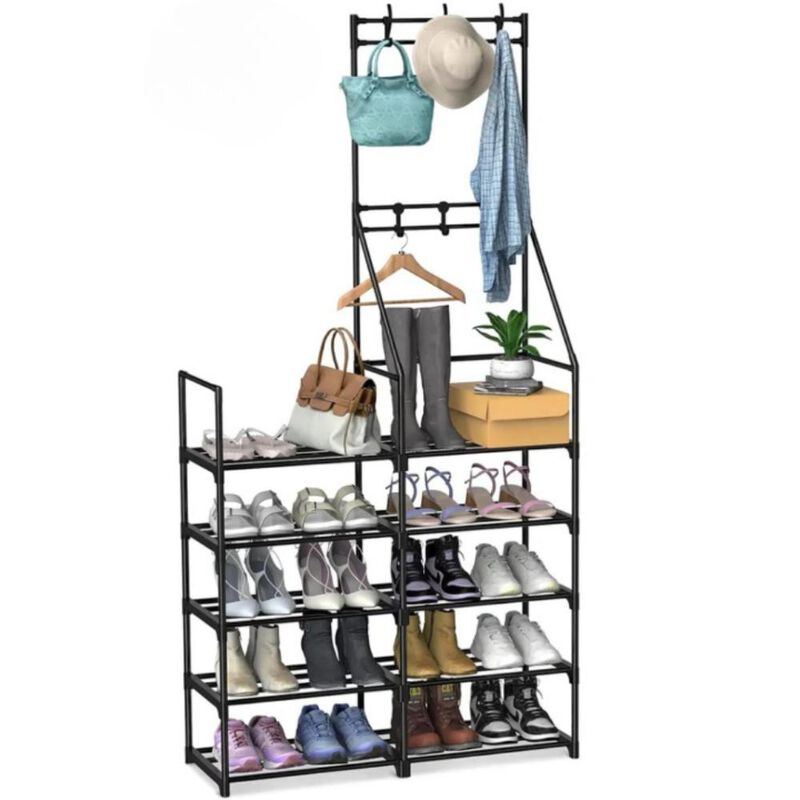 5-Tier Shoe Storage Organizer, Holds 25-30 Pairs, Freestanding Shoe Rack with Hooks