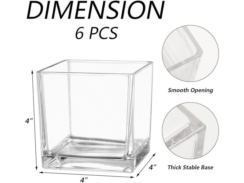 Set of 6 Clear Square Glass Vases &ndash; 4" Cube Centerpieces