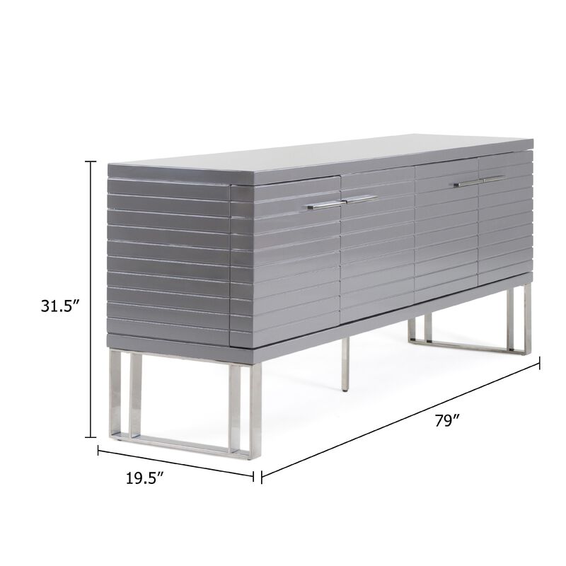 Cid Resu Sideboard Buffet Cabinet, 4 Doors w Slatted Design, 79 Inch, Glossy Gray