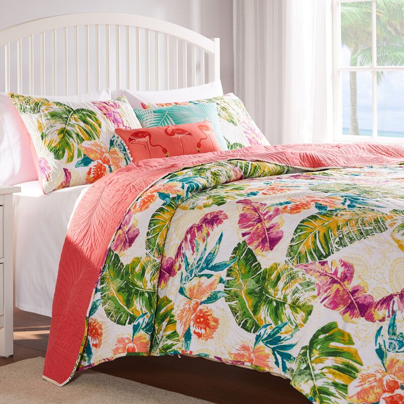 Greenland Home Fashions Tropics Quilt and Pillow Sham Set - Twin 68x88", Coral