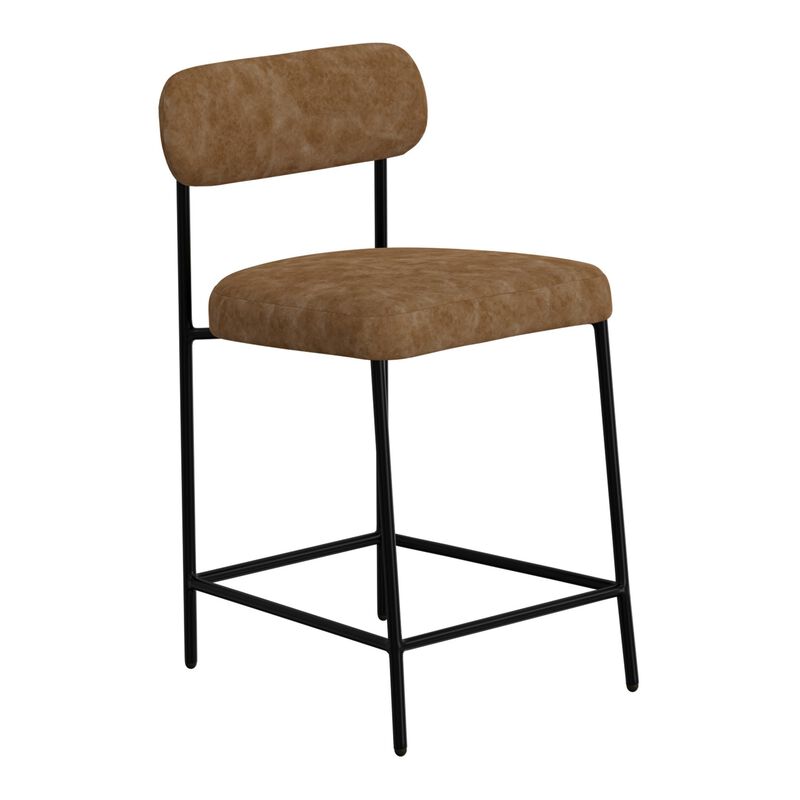 Iffa Counter Height Chair, Open Back, Black Iron, Cognac Brown Faux Leather