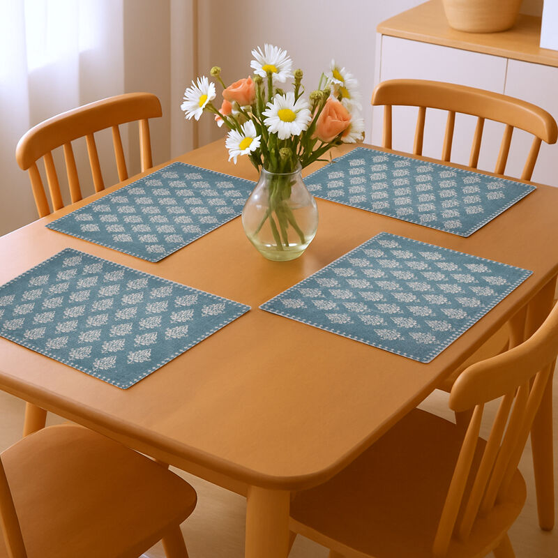 HomeRoots 19" Set of Four Cream And Turquoise Damask Cotton Placemats image number 1