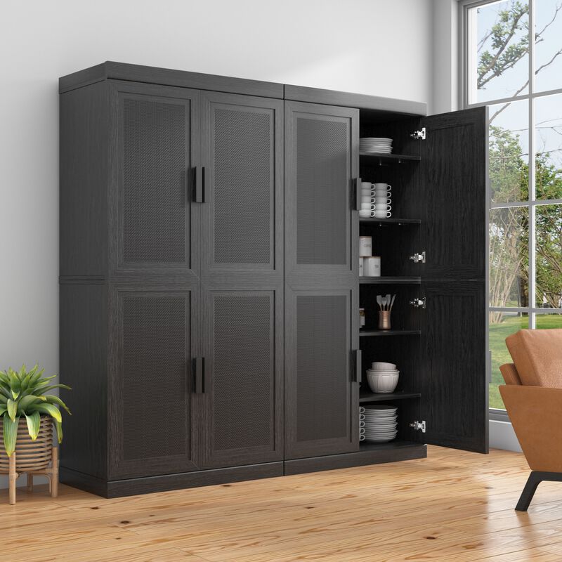 2-Piece 31"x31"x16" Black Wood Grain 6-Story Decorative Storage Cabinets with Wicker Door image number 3