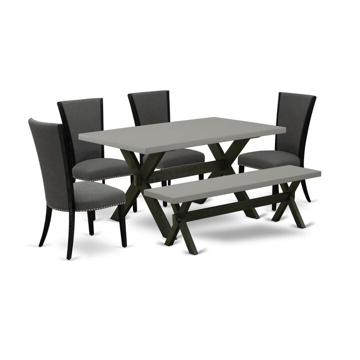 East West Furniture X696VE650-6 6 Piece Mid Century Dining Set - 4 Dark Gotham Grey Linen Fabric Comfortable Chair with Nailheads and Cement Kitchen Table - 1 Dining Room Bench - Black Finish