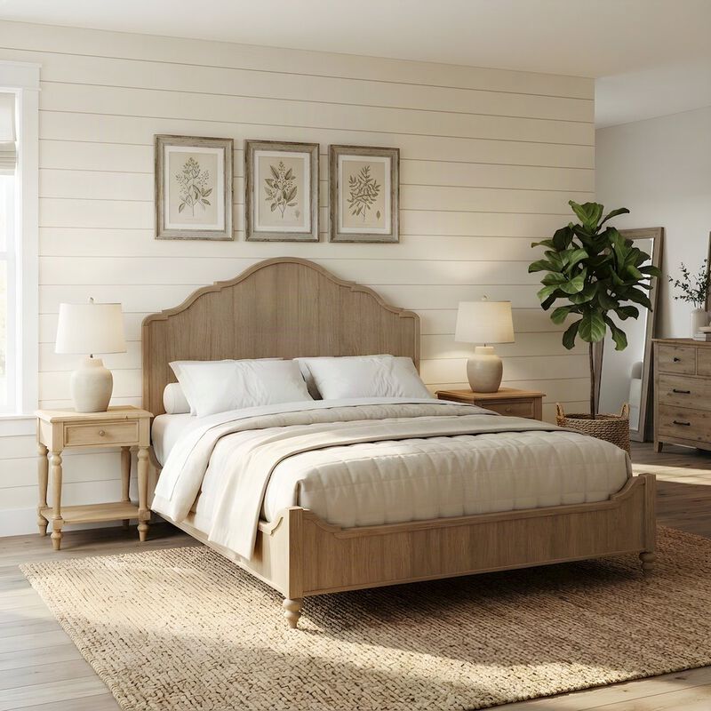 Rubberwood Queen Platform Bed with Panel Headboard, Wood Slats, Sand image number 3