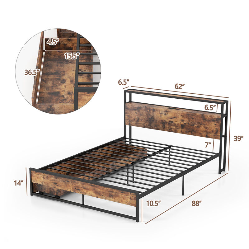 Wooden Bed Frame with 2 Storage Drawers and Power Station &ndash; Platform Bed with USB Ports