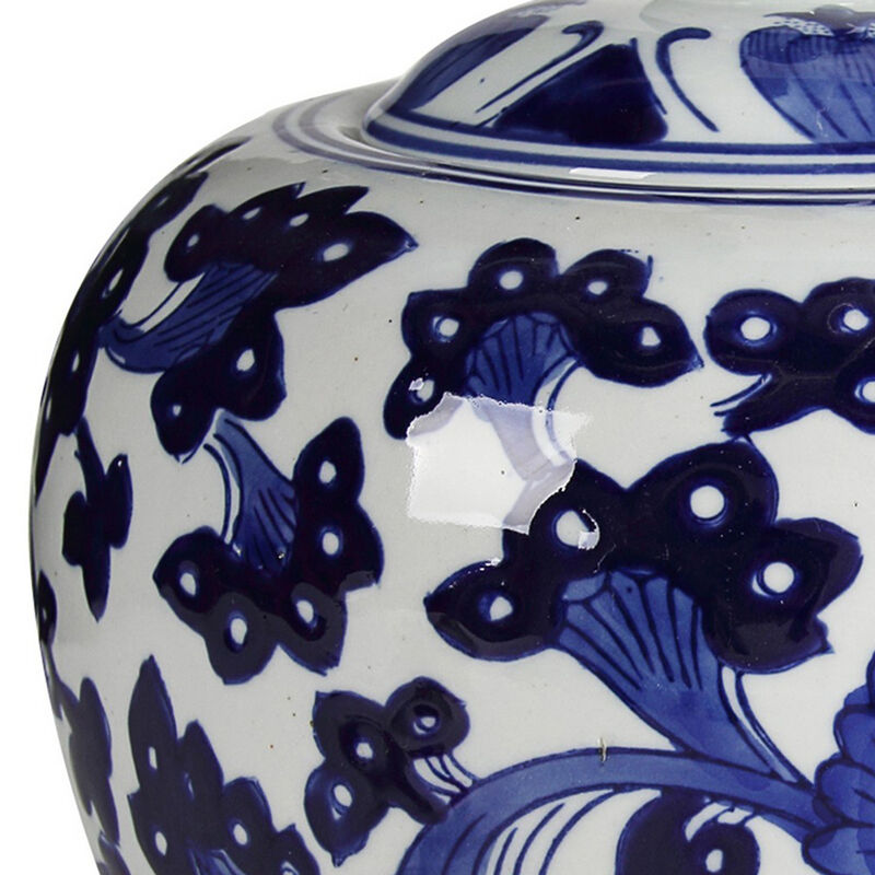 10 Inch Lidded Jar, Round Persian Floral Print, Blue and White Porcelain - Benzara