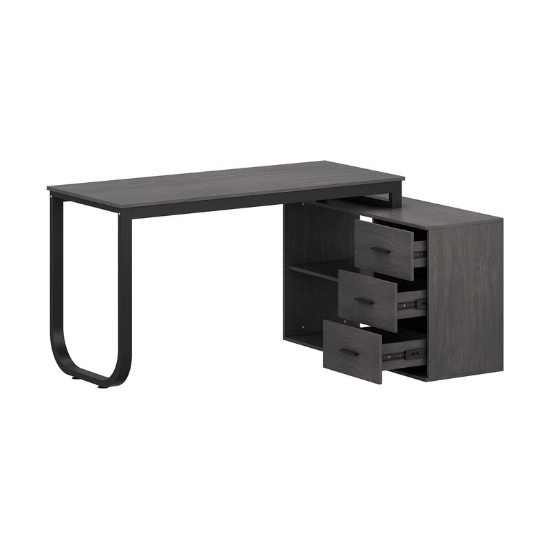 55.1 in. L-Shaped Gray Wood Writing Desk Corner Gaming Desk With 2-Tier Shelves and 3-Drawers Home Office Use