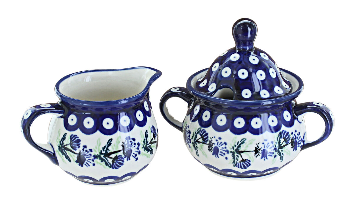 Blue Rose Polish Pottery Floral Butterfly Cream & Sugar Set