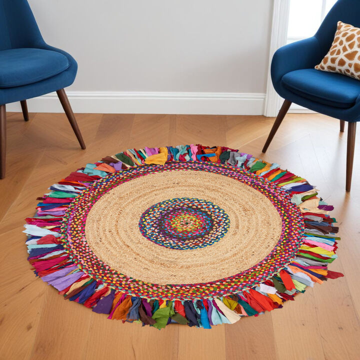 HomeRoots Jute Abstract Geometric Hand Woven Round Rug