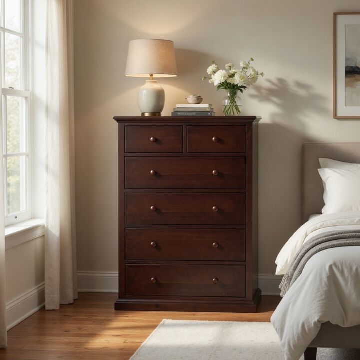 Umer Tall Dresser Chest, 6 Drawers, Round Knobs, Plinth Base, Wood