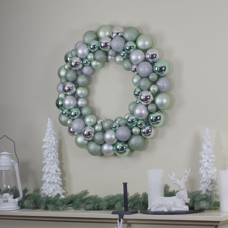 Silver and Seafoam Green 3-Finish Shatterproof Ball Christmas Wreath - 24-Inch  Unlit image number 1