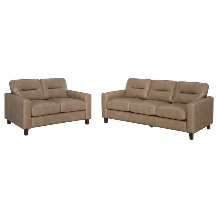 Secy 2pc Sofa and Loveseat Set, Brown Faux Leather, Pine Wood Frame