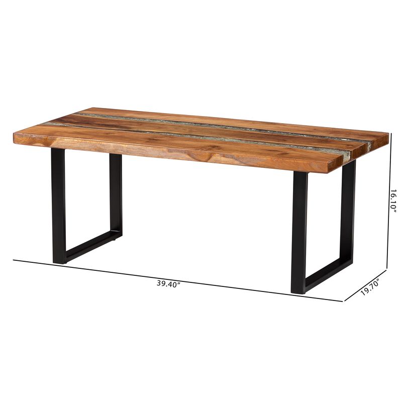 bali & pari Apio Wood Epoxy Resin Coffee Table with Glass Inlay - Rectangular Live Edge Teak wood Accent Table with Black Metal Base, Modern Rustic Centerpiece image number 7
