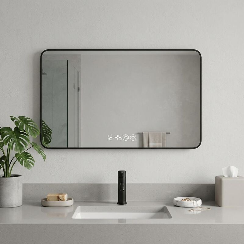 HomeRoots 39" Black Aluminum Lighted Framed Anti Fog Bathroom Vanity Mirror image number 1