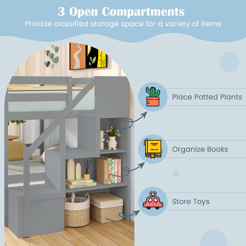Twin Over Full Low Bunk Bed Solid Wood Frame with Storage Stairs image number 4