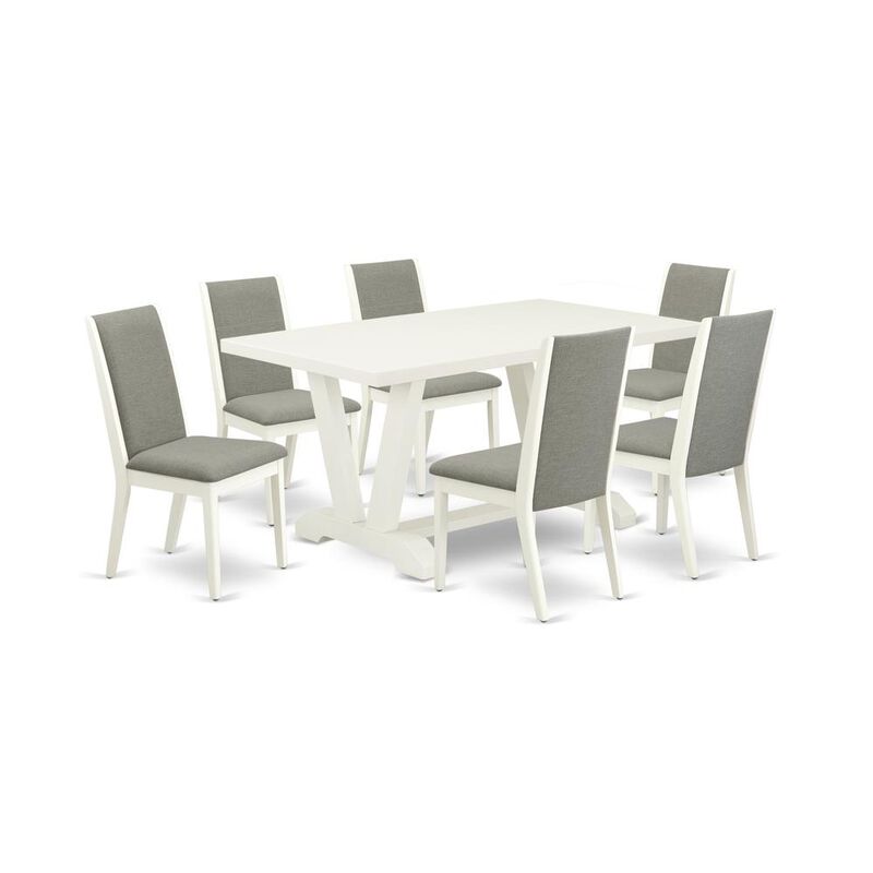 East West Furniture V026LA206-7 7-Piece Fashionable Dinette Set an Excellent Linen White Dining Room Table Top and 6 Excellent Linen Fabric Dining Room Chairs with Stylish Chair Back, Linen White Fini