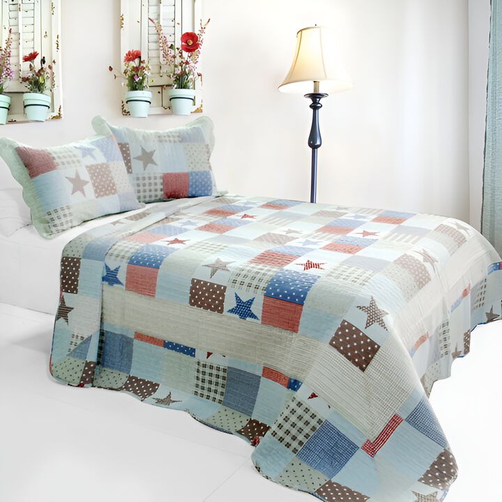 Queen Size 3-Piece Cotton Vermicelli Quilted Printed Quilt Set with Shams