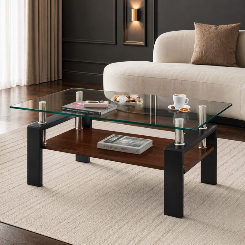 GOODSILO Modern Rectangular Coffee Table with Tempered Glass Top, Storage Shelf and Durable Metal Legs for Living Rooms image number 3