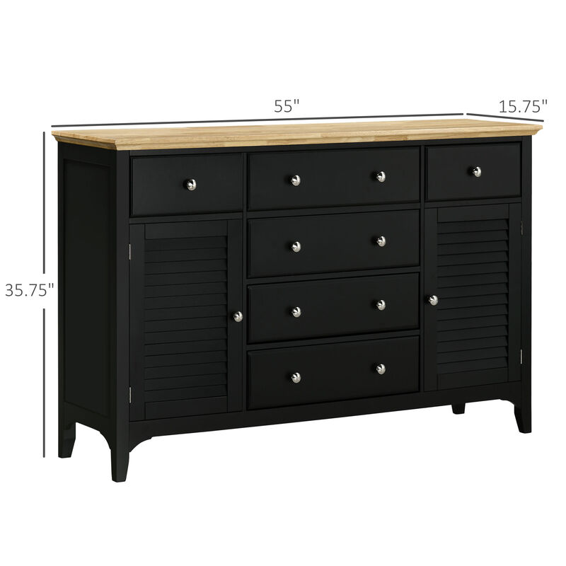 HOMCOM Sideboard Buffet Cabinet with Storage Drawers, Rubber Wood Top and Adjustable Shelves, Kitchen Cabinet Coffee Bar Cabinet, Black