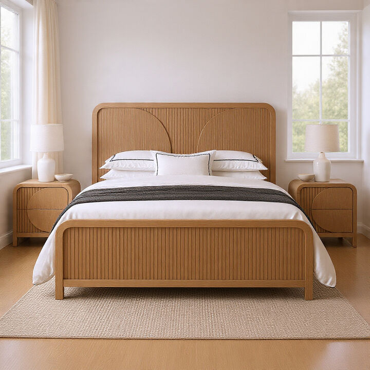 Queen Bedroom Set, Natural Brown Wood, 3 Piece Set with 2 Nightstands