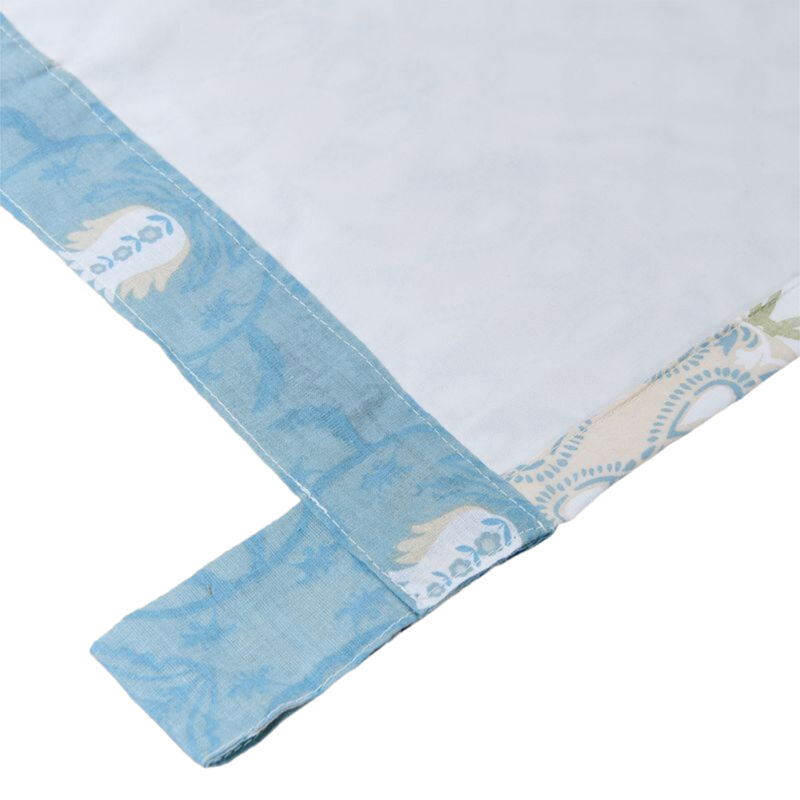 Ello 2 Panel Curtain Panel Set, Cotton White and Blue Geometric Print - Benzara