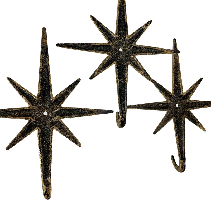 Antique Gold Cast Iron Atomic Starburst Wall Hooks Set of 3 &ndash; Mid-Century Modern Decor for Stylish Organization and Chic Storage image number 3