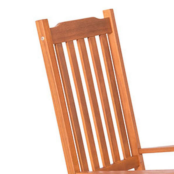 33 Inch Outdoor Rocking Chair, Natural Brown Wood, Slatted, Wide Armrests - Benzara