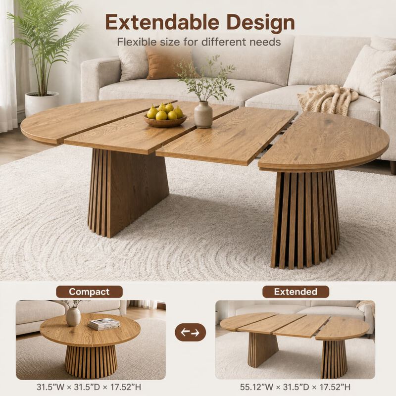 Extendable coffee table MDF oval coffee table with slatted legs Space saving coffee table for living room and home office image number 5