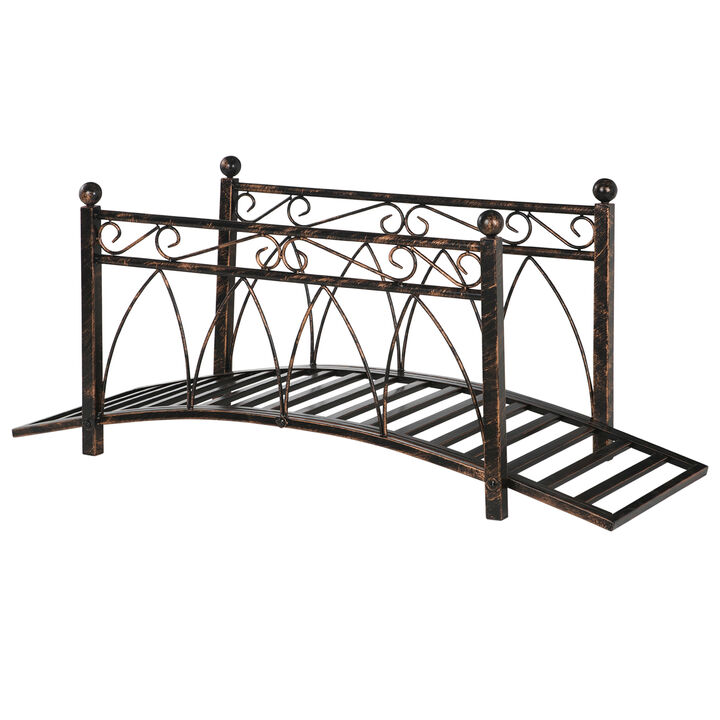 Outsunny 3.3' Metal Arch Zen Garden Bridge with Safety Siderails, Decorative Footbridge, Delicate Scrollwork & Corner Spheres for Stream, Fish Pond, Bronze