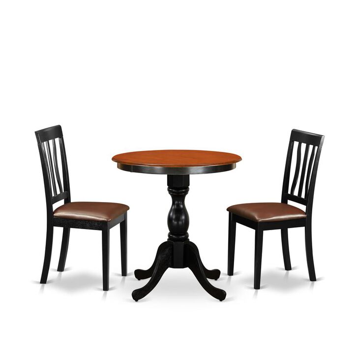 East West Furniture 3-Piece Dining Room Table Set Include a Dining Table and 2 Faux Leather Dining Chairs with Slatted Back - Black Finish
