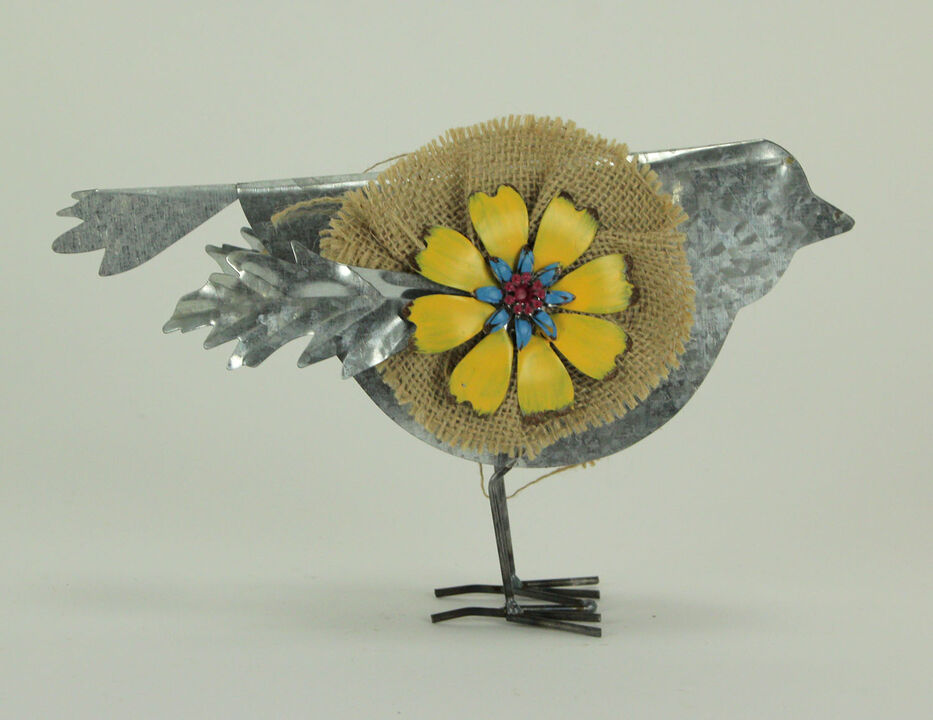 Metal and Burlap Rustic Flower Bird Sculptures Set of 3