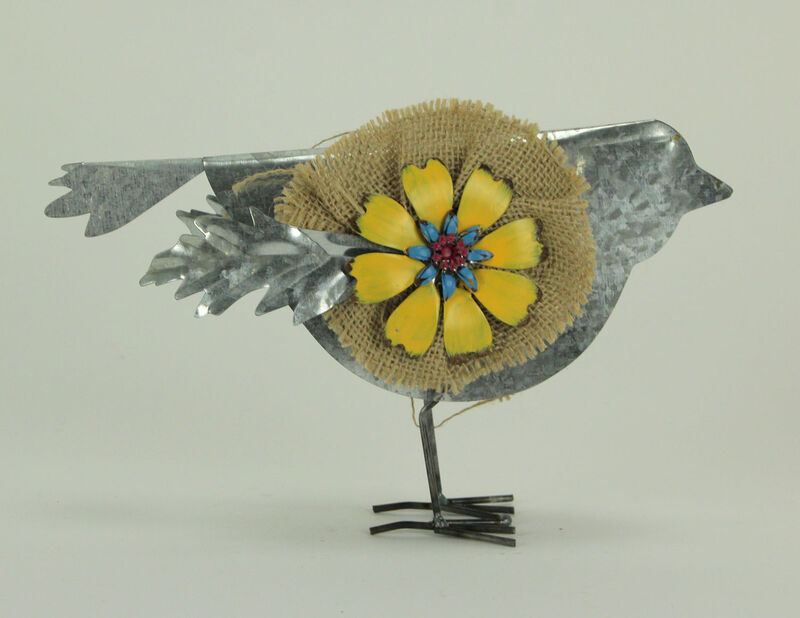Metal and Burlap Rustic Flower Bird Sculptures Set of 3 image number 1