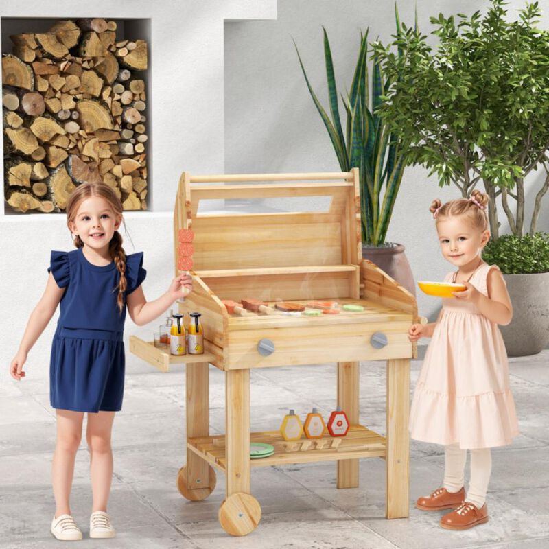 Hivvago Kids Wooden Barbecue Grill Playset Pretend Kitchen with Food and Wheels