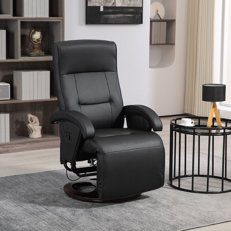 HOMCOM PU Recliner with Footrest, Lounge Chair with 135° Adjustable Backrest, Swivel Wood Base, Padded Seat & Armrests for Living Room, Black