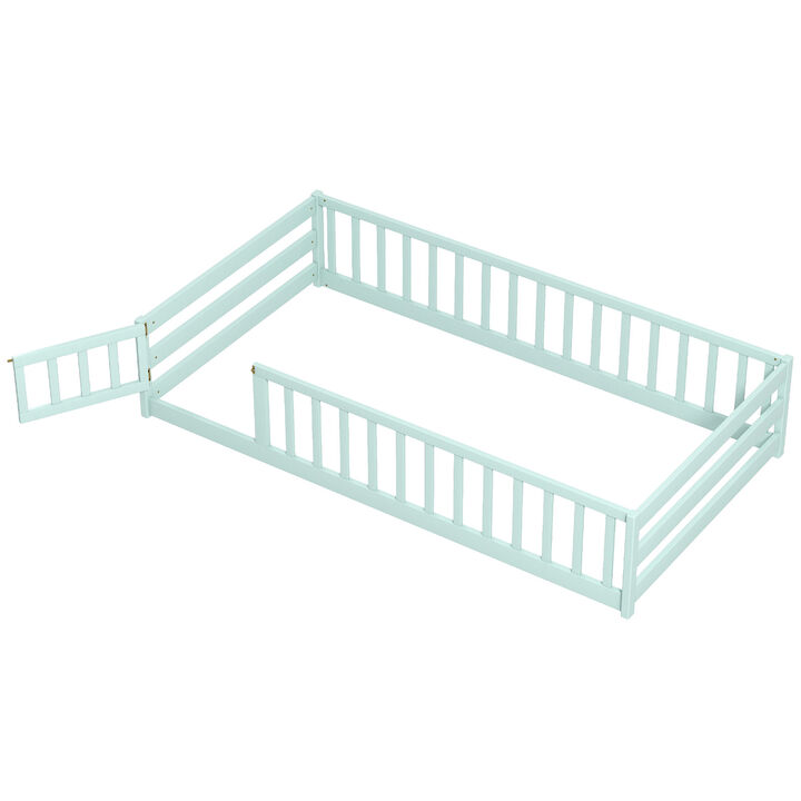 Twin Size Wood Montessori Floor Bed for Kids with Safety Fence and Door