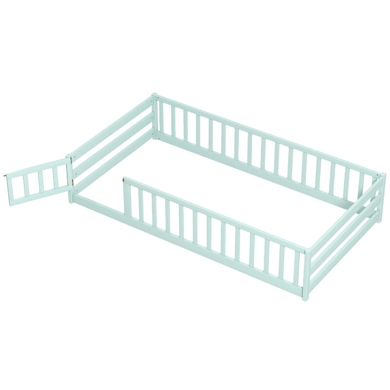 Twin Size Wood Montessori Floor Bed for Kids with Safety Fence and Door image number 0