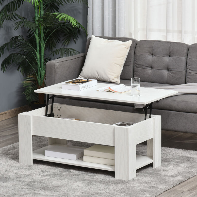 39" Lift Top Coffee Pop-Up Table w/ Hidden Storage Compartment & Shelf, White