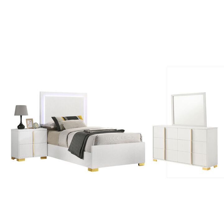 Dex 4 Piece Twin Bedroom Set, White, Gold Accents, LED Headboard - Benzara