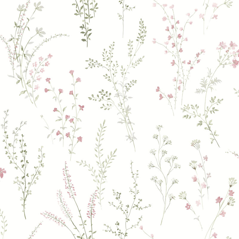 Wildflower Sprigs Pink & Green Wallpaper image number 0
