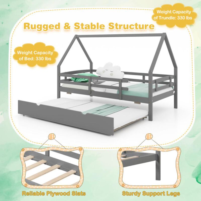 Hivvago Twin House Bed with Trundle and Fence Rail