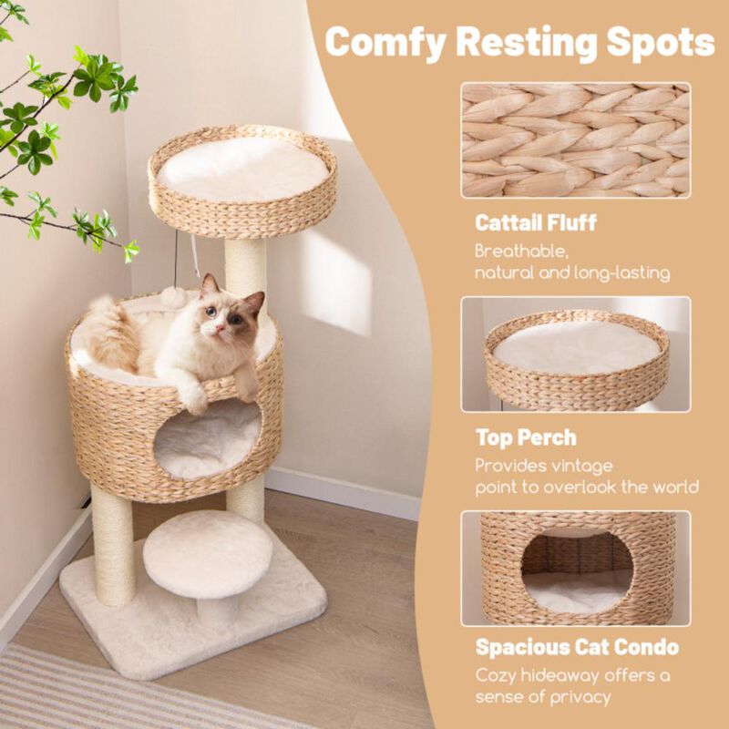 Hivvago Modern Cat Tower Cat Tree with Top Perch Cattail Fluff Condo