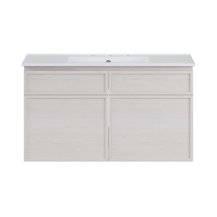 36" Wall-Mounted Bathroom Vanity in White Oak with 3-Hole Widespread Sink Top