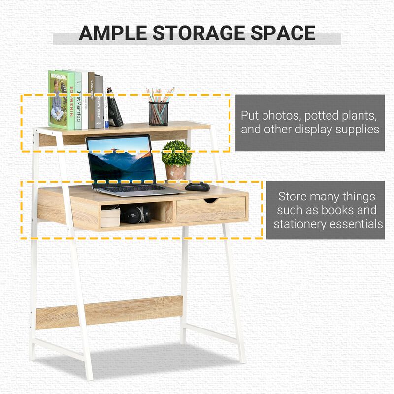 Computer Desk for Small Spaces, Study Writing Desk, Small Corner Desk with Drawer and Storage Shelves, Space Saving & Easy Assemble, Natural