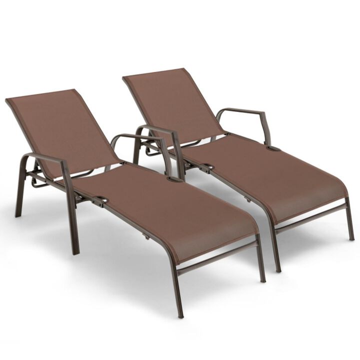 Hivvago  2 Pieces Patio Folding Chaise Lounge Chair Set with Adjustable Back-Brown