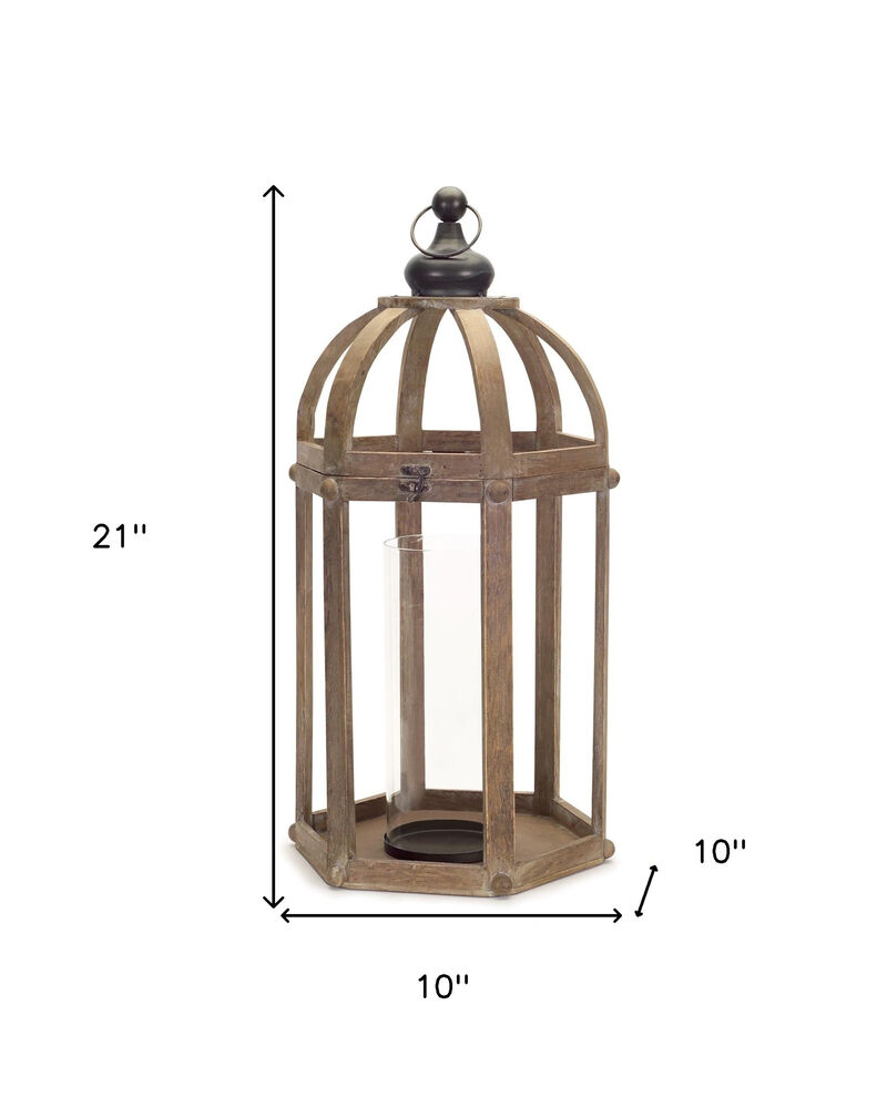 HomeRoots Set of Two Brown Distressed Wood And Glass Floor Lantern Candle Holders image number 6