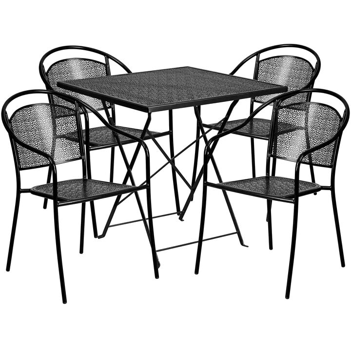 Flash Furniture Oia Commercial Grade 28" Square Black Indoor-Outdoor Steel Folding Patio Table Set with 4 Round Back Chairs