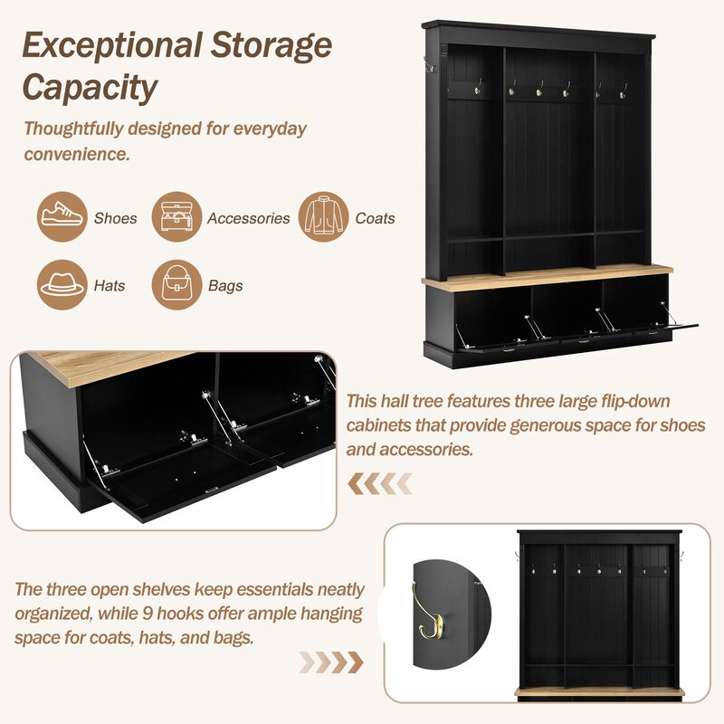 Clihome APP Controlled LED Light Hall Tree Storage Bench with Hooks and 3 Large Cabinets for Hallway image number 2