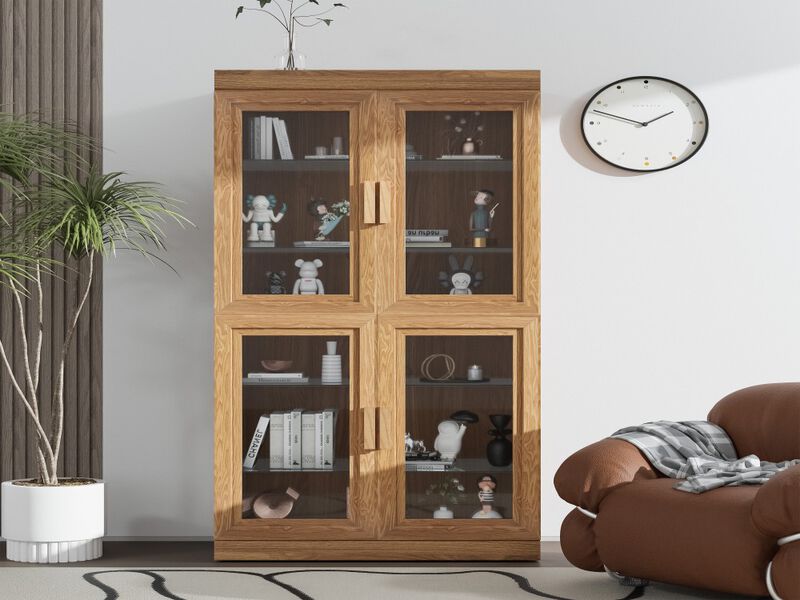 Contemporary Wooden Display Cabinet - 6 Shelf Organizer with Four Glass Doors